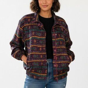 Vintage 80s 90s XL Geometric Aztec Southwestern Print Silk Bomber Jacket